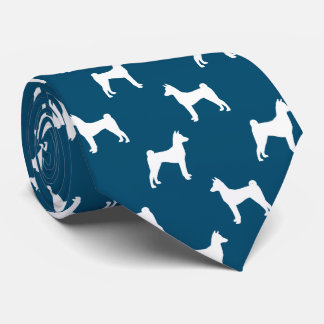 Gravata Basenji Dog Silhouettes Padrão Azul e Branco