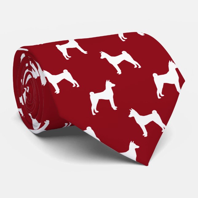 Gravata Basenji Dog Silhouettes Padrão Vermelho e Branco (Rolled)
