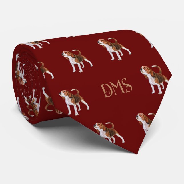 Gravata Beagle Bliss: Vermelho Monograma - Padrão de Beagl (Rolled)