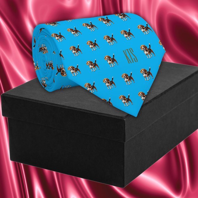 Gravata Beagle Dogs Padrão Veterinário Monograma (Beagle Dogs Pattern Monogrammed Veterinarian Neck Tie in blue colour.)