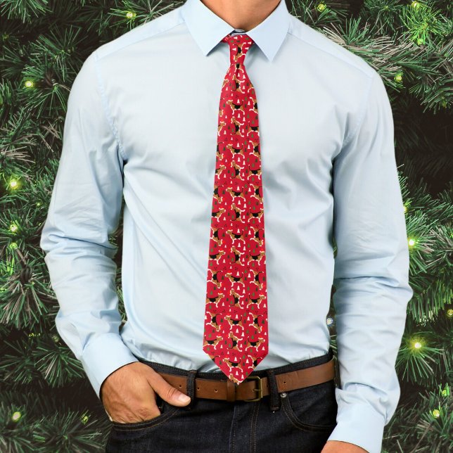 Gravata Beagles no Natal Hats Vermelho (Beagles in Santa Hats Christmas Holiday Neck Tie in Red)