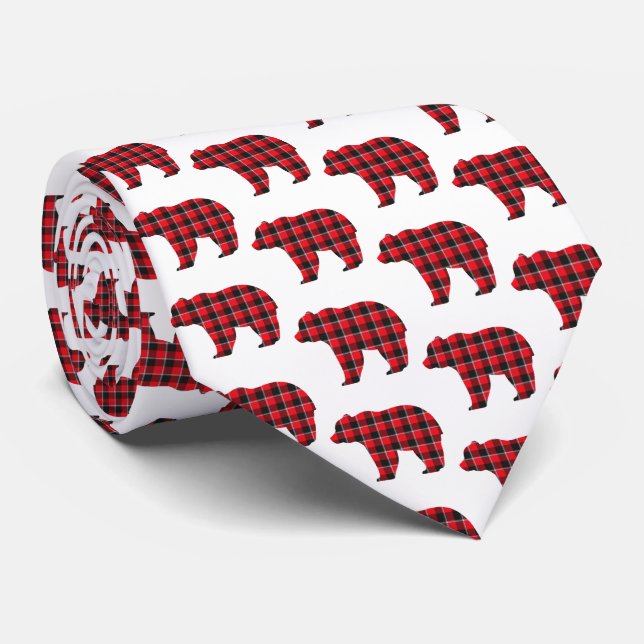 Gravata Bear Shaped Plaid Red Black Buffalo Neck Tie (Rolled)