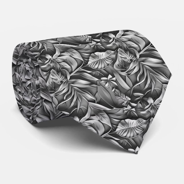 Gravata Beautiful Dark Gray Leaf Pattern Faux Leather  (Rolled)