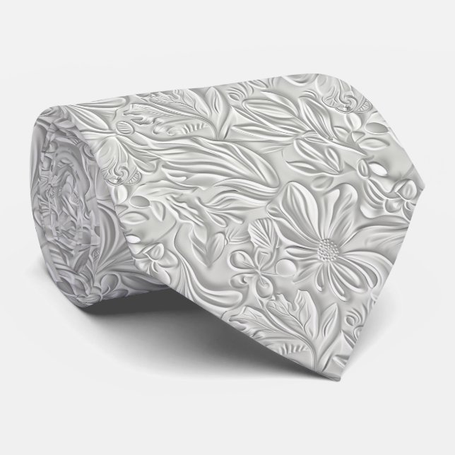Gravata Beautiful White Floral Pattern Faux Leather  (Rolled)