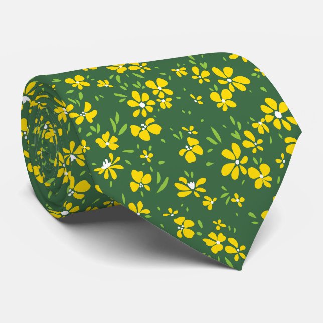 Gravata belíssima flor amarela minúscula com fundo verde (Rolled)