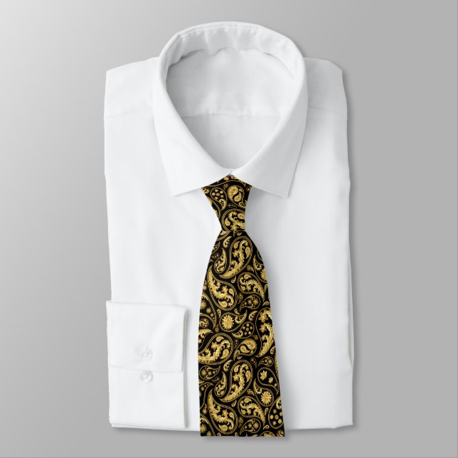 Gravata Belo padrão preto e Dourado de Paisley (Amarrado)