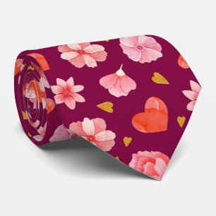 Gravata Belos Flores e Corações Rosa