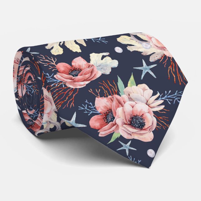 Gravata Belos Oceanos Símbolos Sobre Azul Profundo (Rolled)
