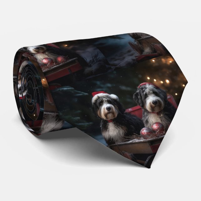 Gravata Bernedoodle Snowy Sleigh Decência de Natal (Rolled)