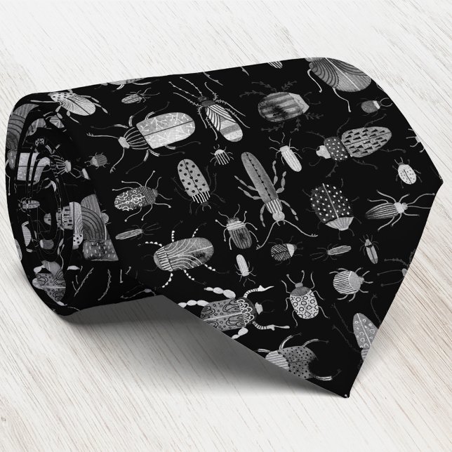 Gravata Besouros e Percevejos Preto (Watercolor bugs and beetles art tie)