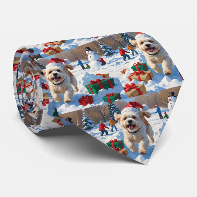 Gravata Bichon Frise Natal Cena de Neve Festiva (Rolled)