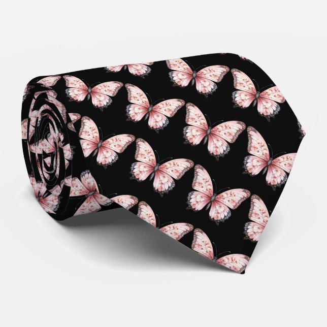 Gravata Black and Light Pink Butterflies Neck Tie (Rolled)