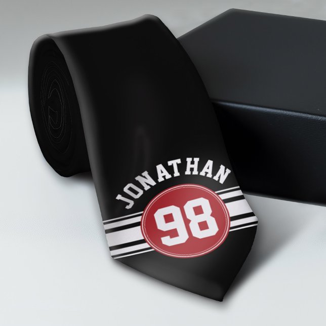 Gravata Black and Red Sports Jersey Custom Name Number (Custom Sporty Tie)