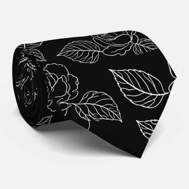 Gravata Black And White Leafy NeckTie (Rolled)