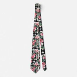 Gravata Black and White Plaid With Leafy Pink Camellias