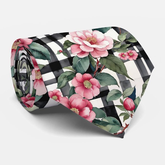 Gravata Black and White Plaid With Leafy Pink Camellias (Rolled)