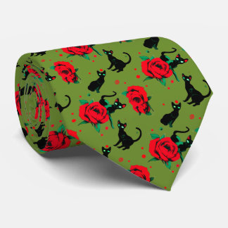 Gravata Black Cats Red Roses Pattern Dark Valentine