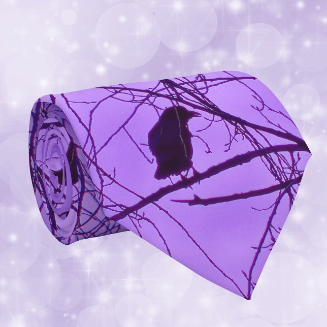 Gravata Black Crown Purple Sky (Silhouette of single black crow on black spooky branches against a hazy purple sky on neck tie.)