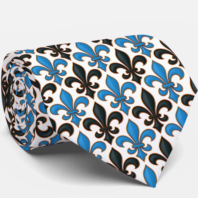 Gravata Blue Black Baroque Fleur-de-lis Pattern Design  (Criador carregado)