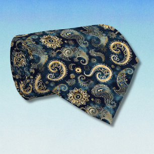 Gravata Blue Gold Engrenagens Steampunk Paisley Elegante