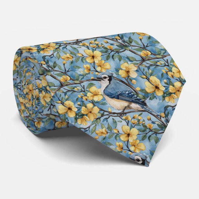 Gravata Blue Jay In Yellow Blossoms (Rolled)