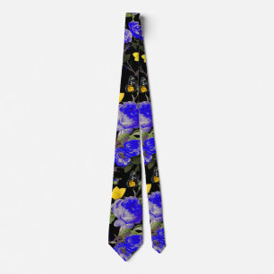 Gravata BLUE ROSES AND YELLOW BUTTERFLIES Black