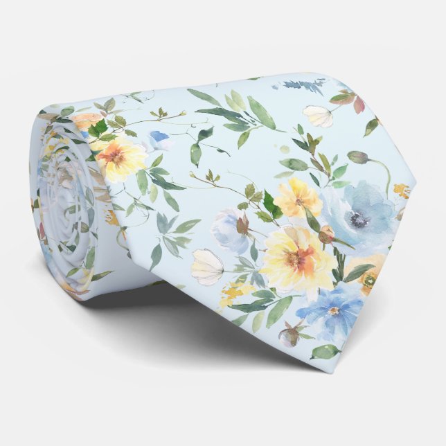 Gravata Blue Yellow Floral Watercolor Neck Tie Necktie (Rolled)