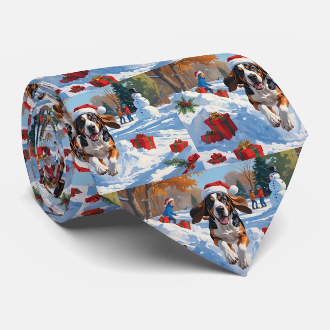 Gravata Bluetick Coonhound Correndo na Neve com Natal  (Rolled)