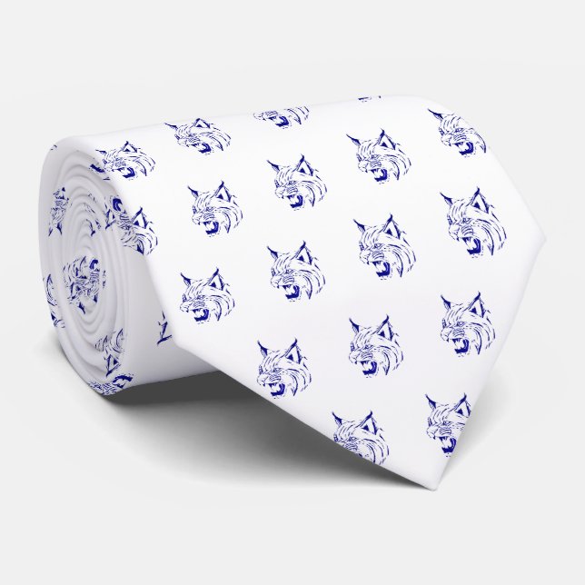 Gravata Bobcat Wild Cat Team Mascot Necktie Blue/White (Rolled)