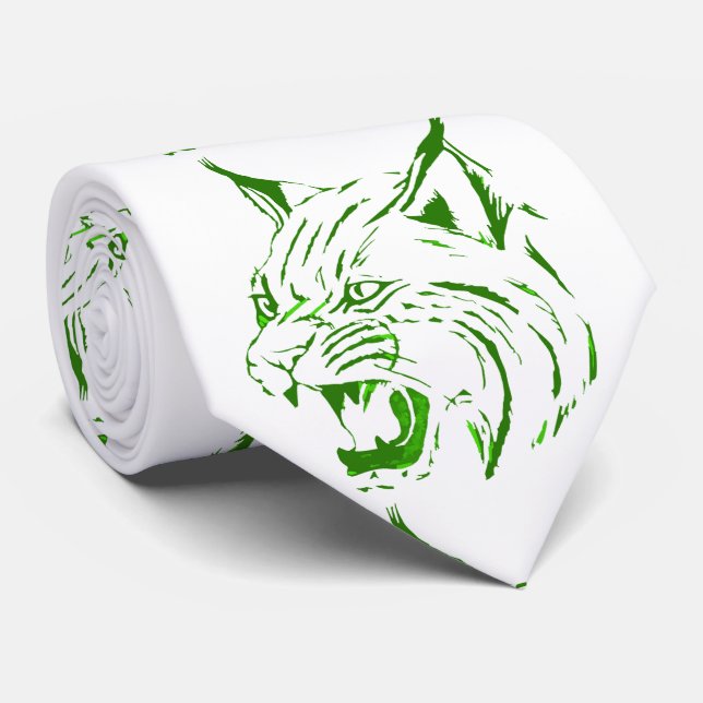 Gravata Bobcat Wild Cat Team Mascot Necktie Green/White (Rolled)