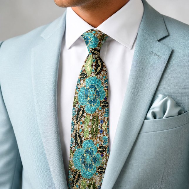 Gravata boêmio feminino chique prata turquesa azul flor (bohemian girly chic silver turquoise blue flower neck tie)