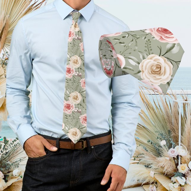 Gravata Boho Bege Verde Sábio Creme Floral (Criador carregado)