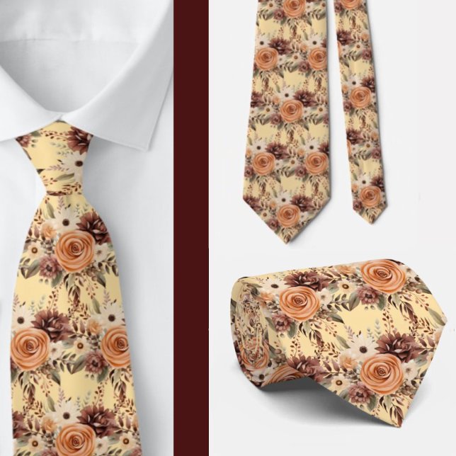 Gravata Boho Brown Dourado Floral Watercolor Flowers (Criador carregado)