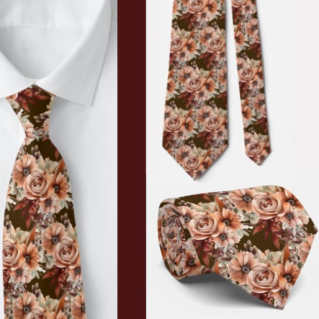 Gravata Boho Brown Dourado Floral Watercolor Flowers (Criador carregado)