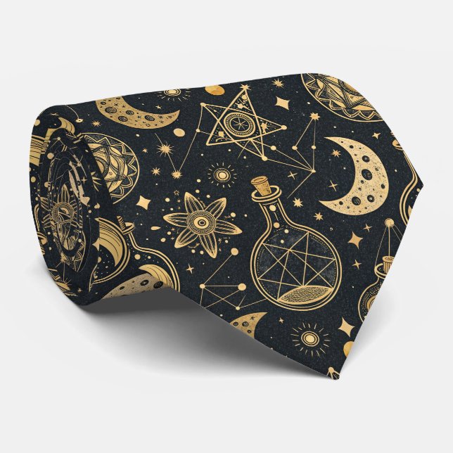 Gravata Boho Celestial com Símbolos de Alquimia Dourados (Rolled)