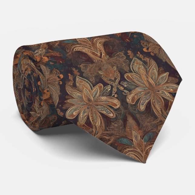 Gravata Boho Floral Brown Purple Bohemian Style Tie (Rolled)