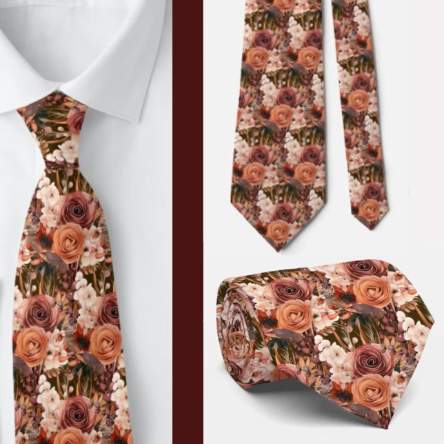 Gravata Boho Marrom Dourado Flores Aquarela Flores Casamen (Criador carregado)