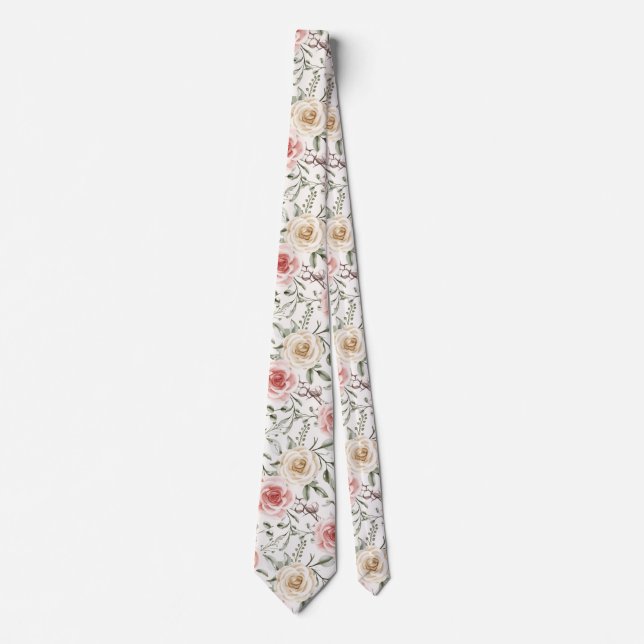 Gravata Boho Rosa Bege Creme Floral Botânico (Frente)