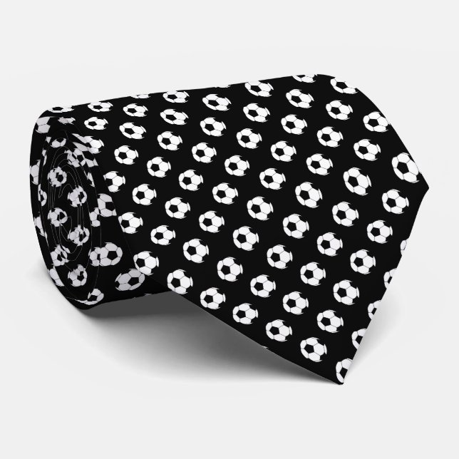 Gravata Bolas de Futebol Preto Branco em Preto (Rolled)