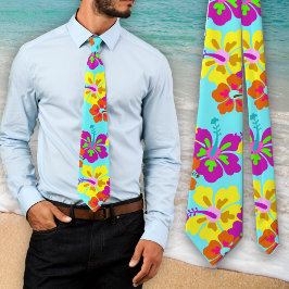 Gravata Bold Hibiscus Floral Pattern Aqua Wedding Tie