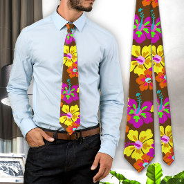 Gravata Bold Hibiscus Floral Patterno Brown Grooms Tie