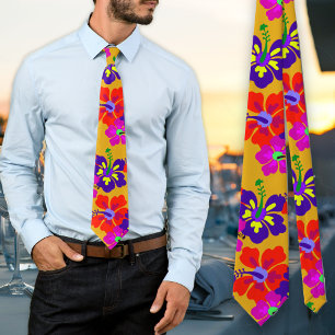Gravata Bold Hibiscus Pattern Dourado Tie Casamento