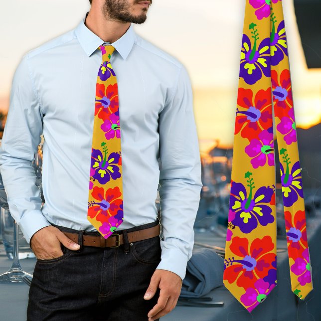 Gravata Bold Hibiscus Pattern Dourado Tie Casamento (Criador carregado)
