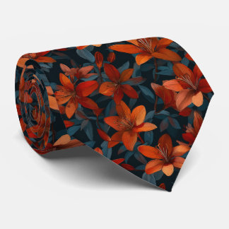 Gravata Bold Orange Lily Floral Pattern on Dark