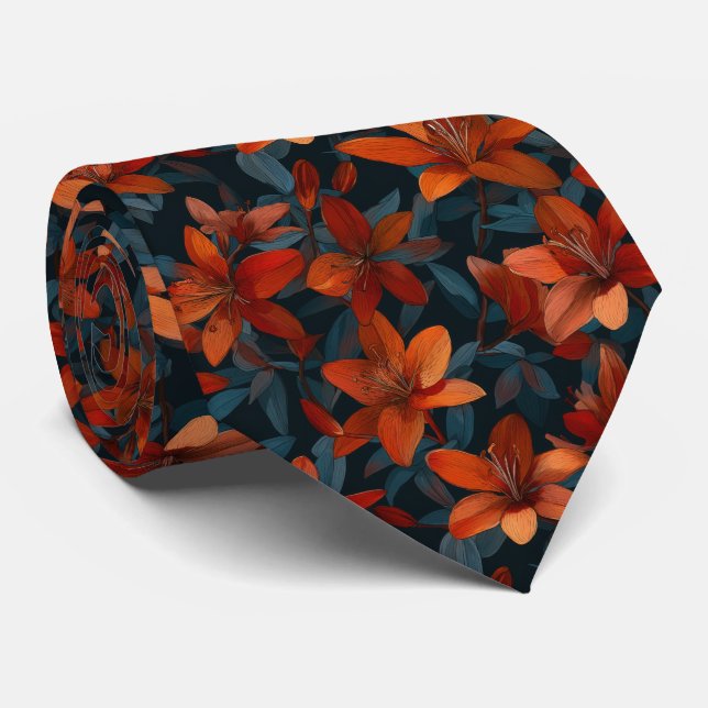 Gravata Bold Orange Lily Floral Pattern on Dark (Rolled)