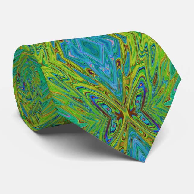 Gravata Borboleta Abstrata Chartreuse e Azul Trippy (Rolled)