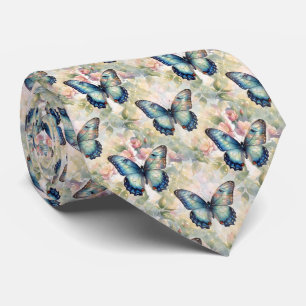 Gravata Borboleta Azul Morpho Floral Botânica Aquarela