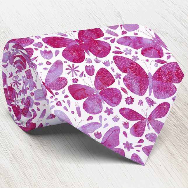 Gravata Borboleta de Aquarela Rosa (Watercolor butterfly hot pink and white neck tie)