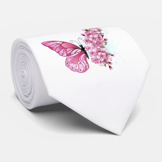 Gravata Borboleta Flor com Sakura Rosa (Rolled)