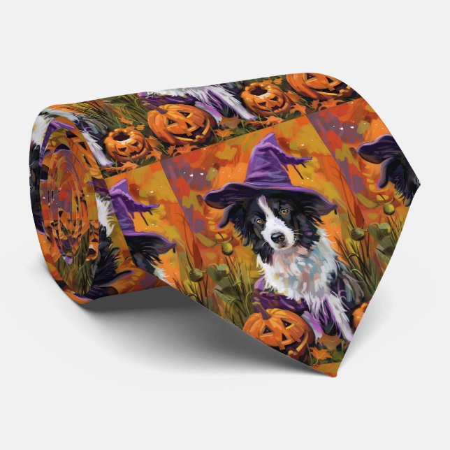 Gravata Borda Spooky Collie Halloween Witch E Pumpkin (Rolled)